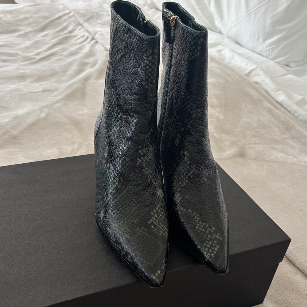 J. Crew Black and Green Snake Print Ankle Boots